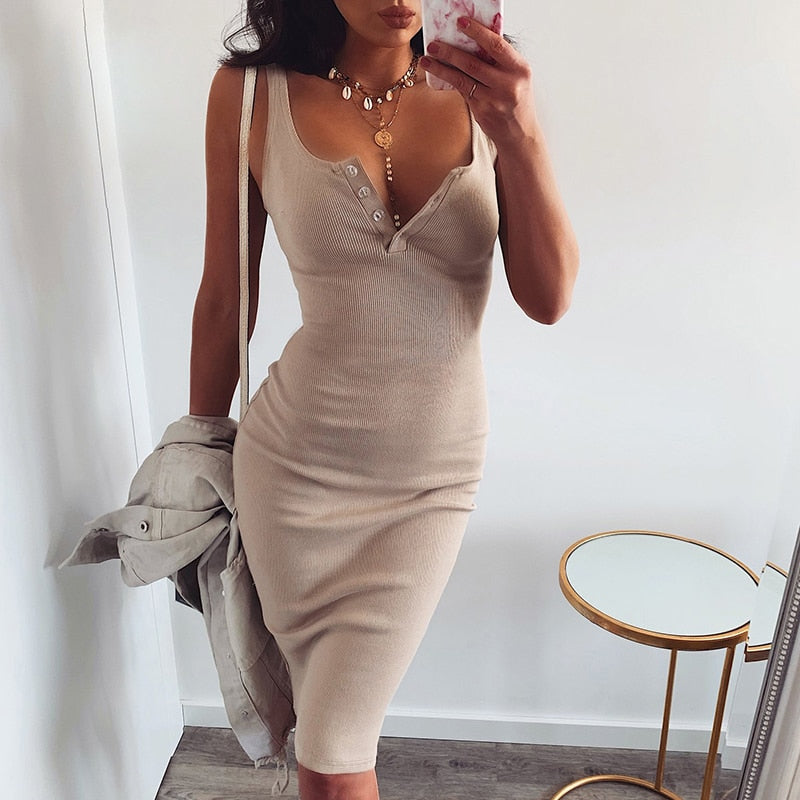 Knee-Length Dress Knitted Elastic Sleeveless Bodycon Dress