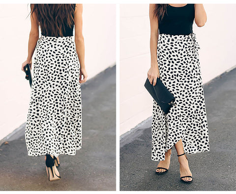 Polka Dot Print Long Maxi Split High Waist A-line Sun Skirt