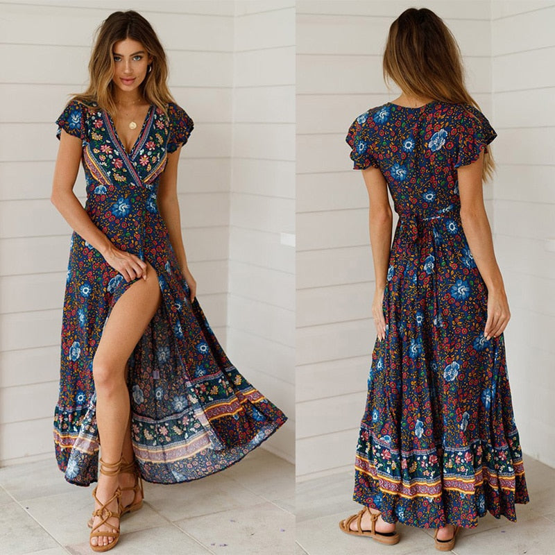 Vintage Print Sash Lace Up Elegant Party Long Beach Maxi Dress