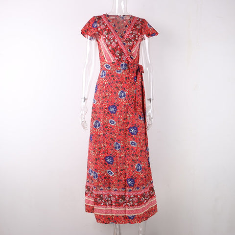 Vintage Print Sash Lace Up Elegant Party Long Beach Maxi Dress