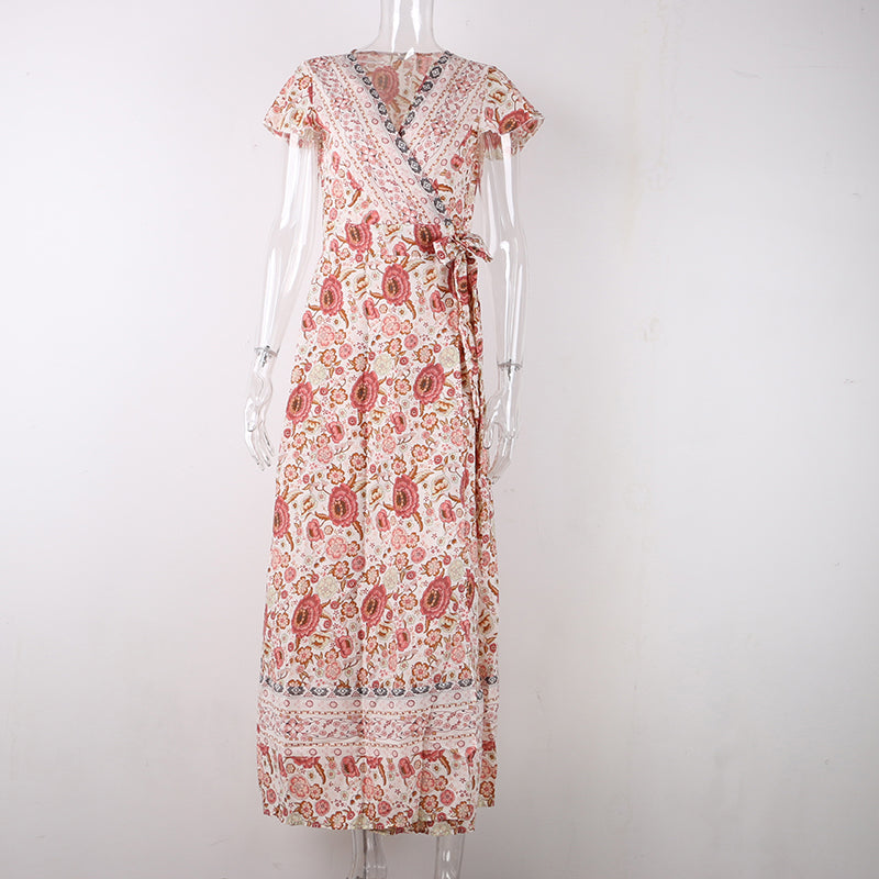 Vintage Print Sash Lace Up Elegant Party Long Beach Maxi Dress