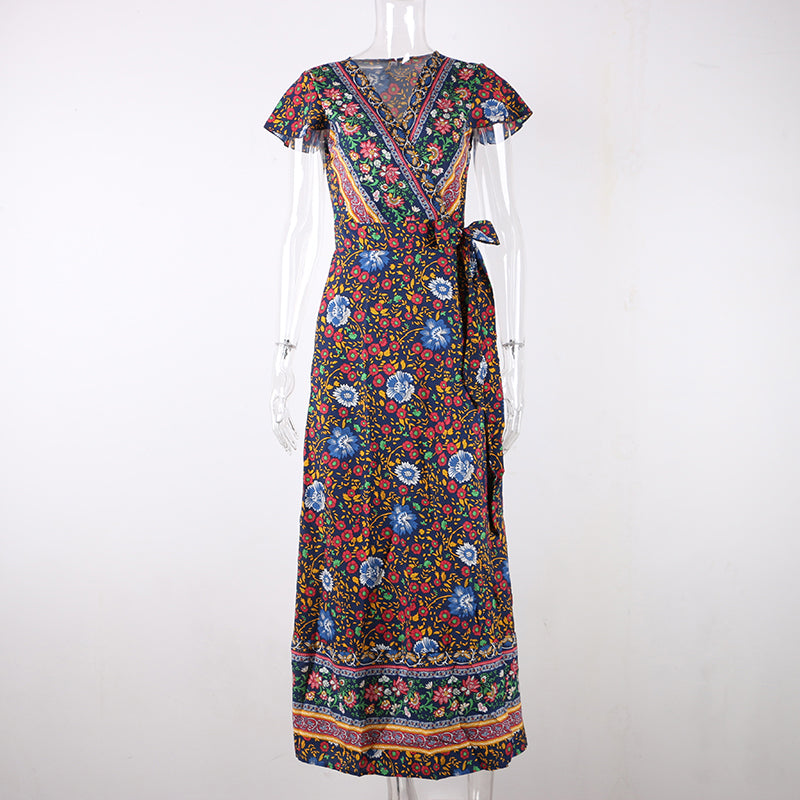 Vintage Print Sash Lace Up Elegant Party Long Beach Maxi Dress ...