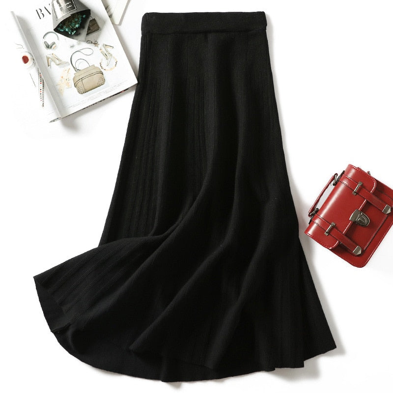 Knitted long skirt winter warm sweater stripe A-line maxi skirts ...