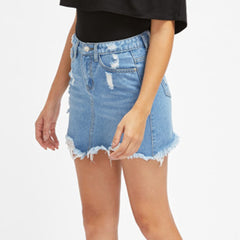 Basic Pocket Blue Ripped Casual Mini Denim Skirt