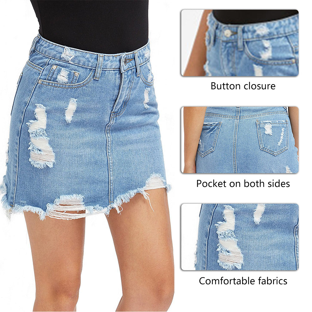 Basic Pocket Blue Ripped Casual Mini Denim Skirt