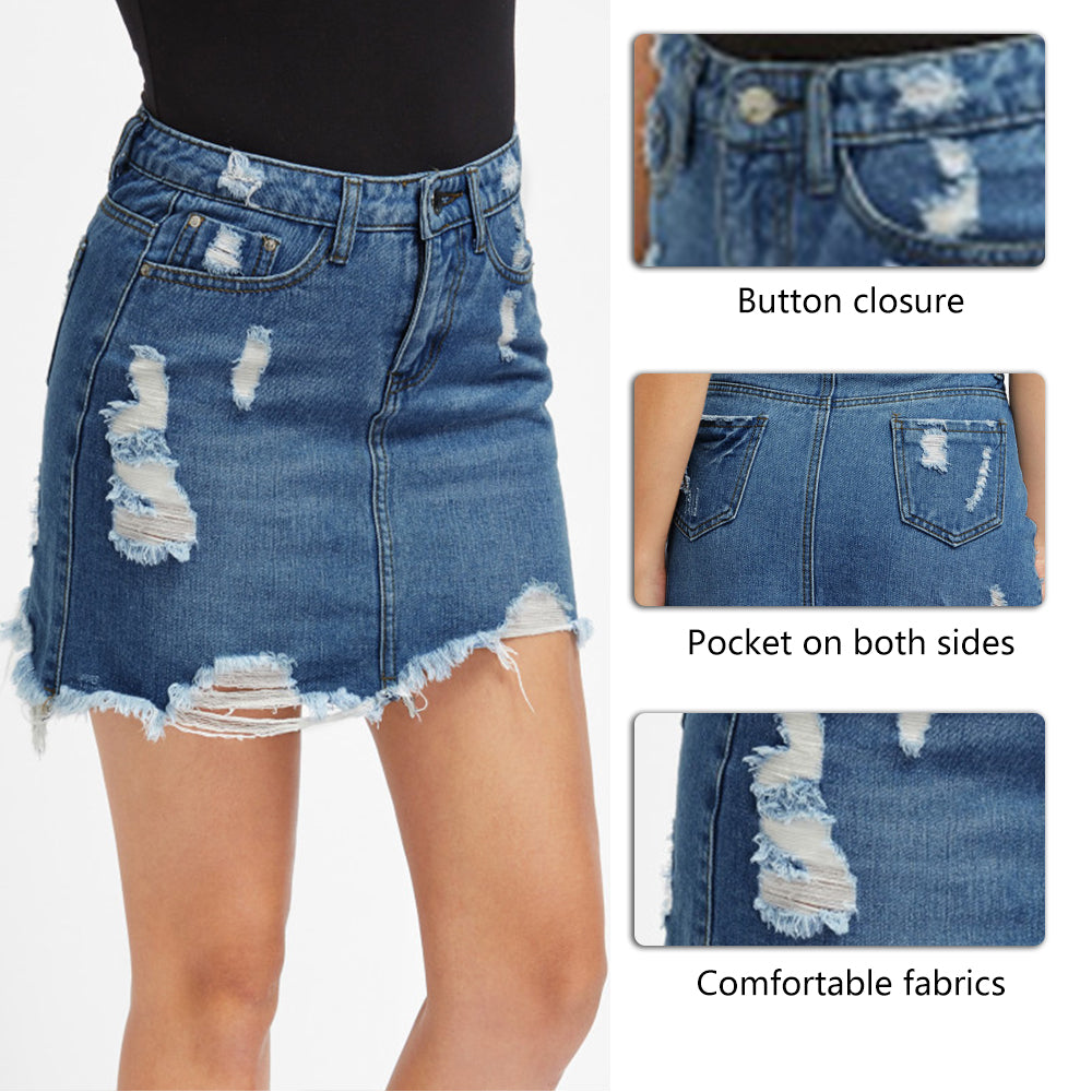 Basic Pocket Blue Ripped Casual Mini Denim Skirt