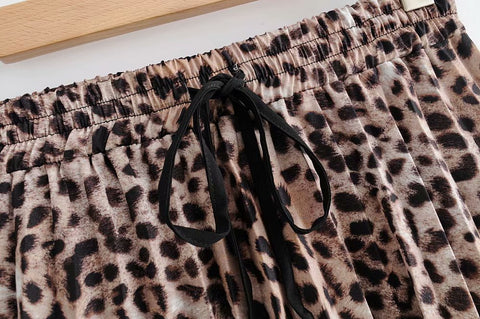 Vintage leopard printing pleated sashes chic mid-calf midi skirt