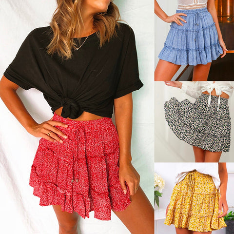 Fashion Boho Ruffled Floral Print Beach Short Skirt