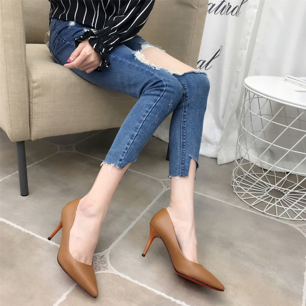 Fashion PU Leather High Heels Pumps Pointed Toe Work Pump Shoes