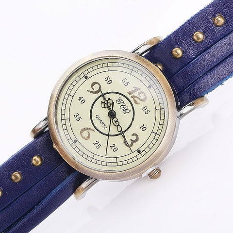 Fashion Vintage Retro Rivet Braided Genuine Leather Bracelet  Watch Casual