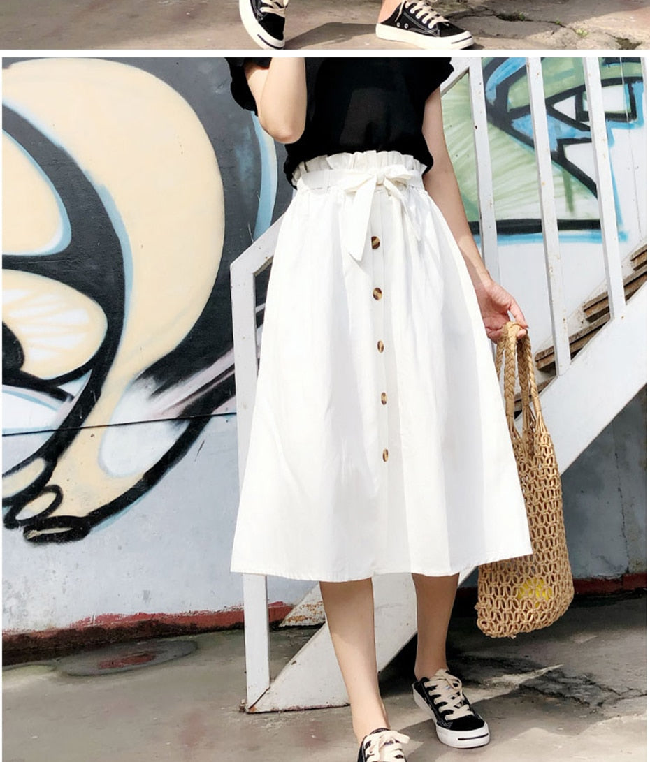 Midi Knee Length Elegant Button High Waist Skirt