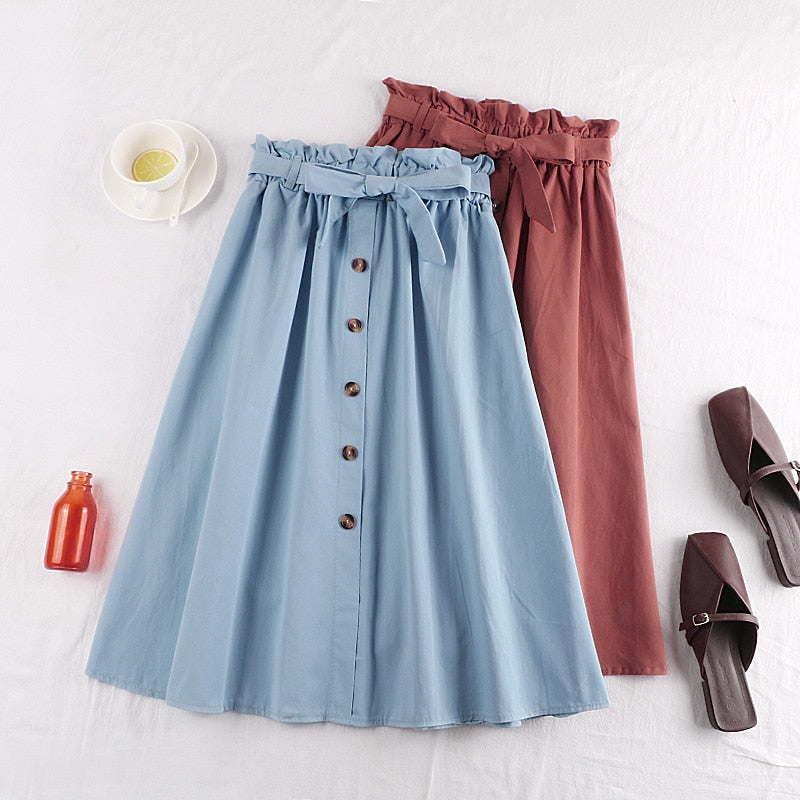 Midi Knee Length Elegant Button High Waist Skirt