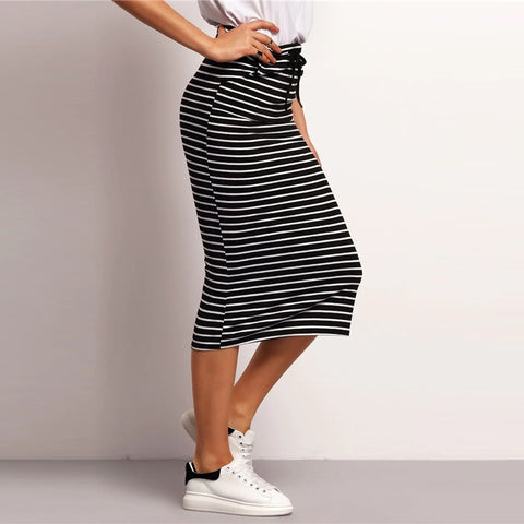 Drawstring Waist Horizon Striped Skirt Streetwear Casual Pencil Skirt