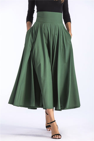 Vintage Pleated Flared Pockets Lace Up Bow Plus Size Slit Long Maxi Skirt