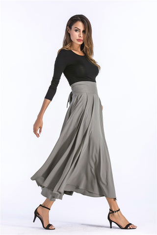 Vintage Pleated Flared Pockets Lace Up Bow Plus Size Slit Long Maxi Skirt