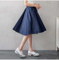 Denim Skirt With Belt Midi Knee Length A-line Pleated