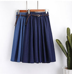 Denim Skirt With Belt Midi Knee Length A-line Pleated