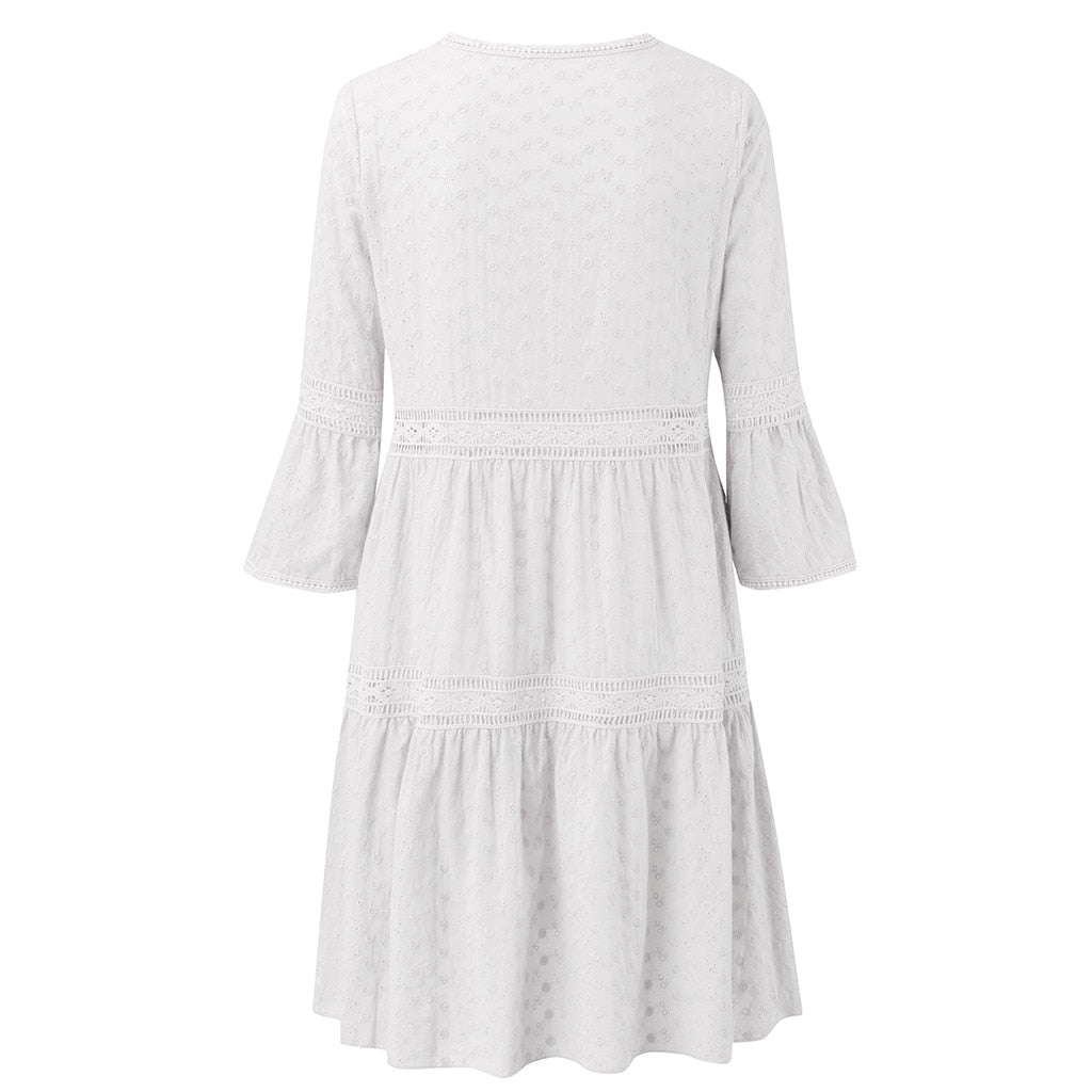 Boho Solid Crew Neck Hollow Out Splice Dress