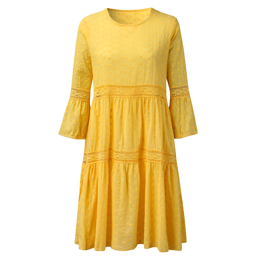 Boho Solid Crew Neck Hollow Out Splice Dress