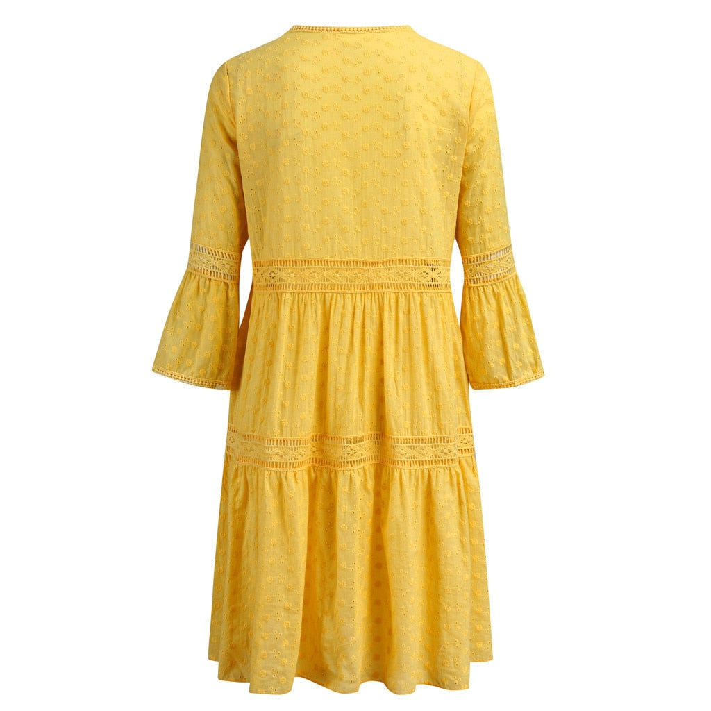 Boho Solid Crew Neck Hollow Out Splice Dress