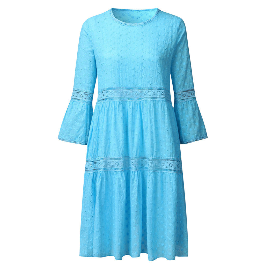 Boho Solid Crew Neck Hollow Out Splice Dress