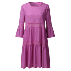 Boho Solid Crew Neck Hollow Out Splice Dress