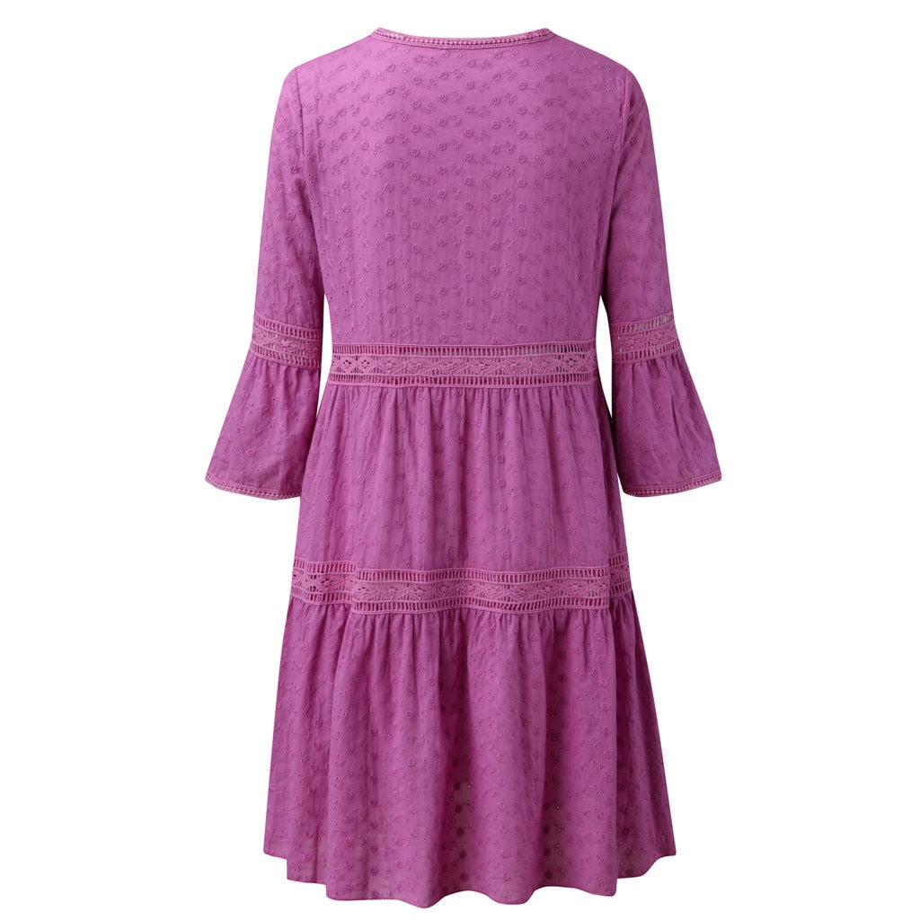 Boho Solid Crew Neck Hollow Out Splice Dress