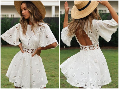 sexy white crochet hollow out dress flare sleeve embroidery