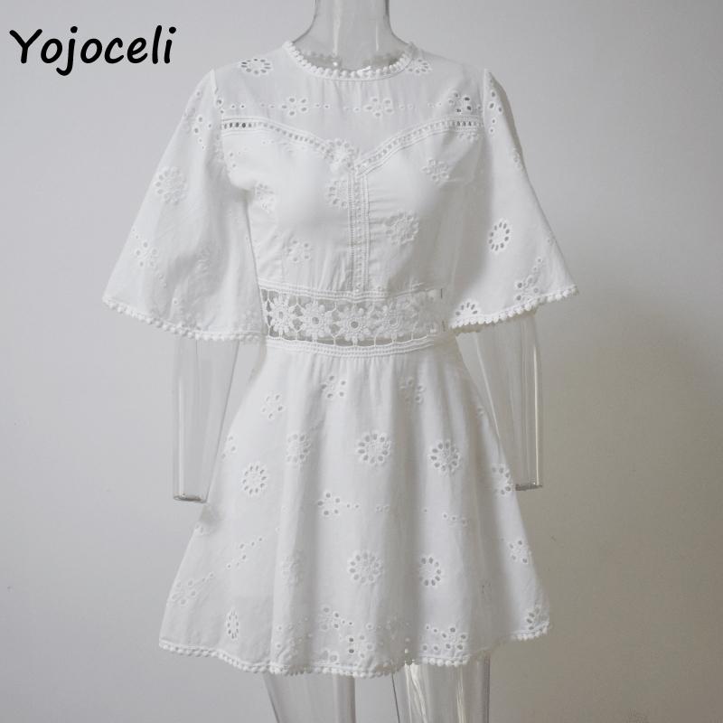 sexy white crochet hollow out dress flare sleeve embroidery