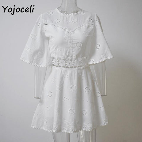 sexy white crochet hollow out dress flare sleeve embroidery