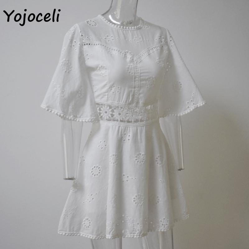 sexy white crochet hollow out dress flare sleeve embroidery