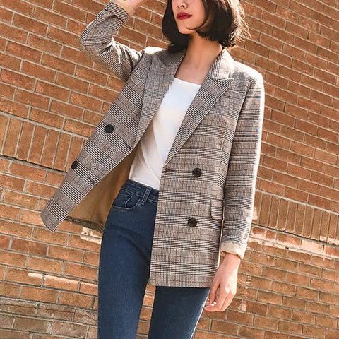 Vintage Double Breasted Plaid Women Pockets Blazer