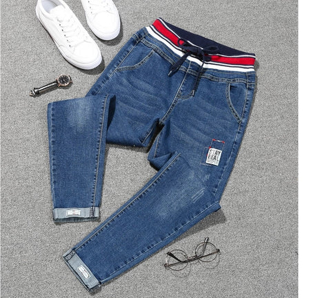 Stretch denim elastic patch cuff pencil jeans