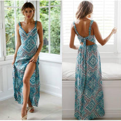 Sexy Backless Bohemian Floral Print Long Dress