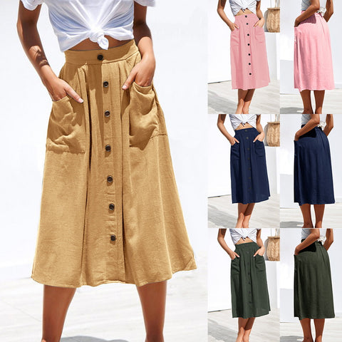 Casual Pure Color High Waist Single Breasted Buttons Midi Skirt Pocket