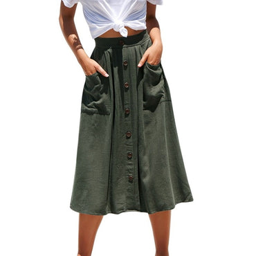 Casual Pure Color High Waist Single Breasted Buttons Midi Skirt Pocket