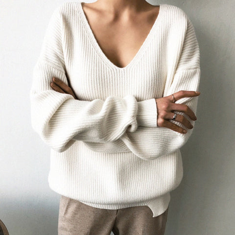 V-Neck Minimalist Tops Fashionable Style Knitting Casual Solid Sweater