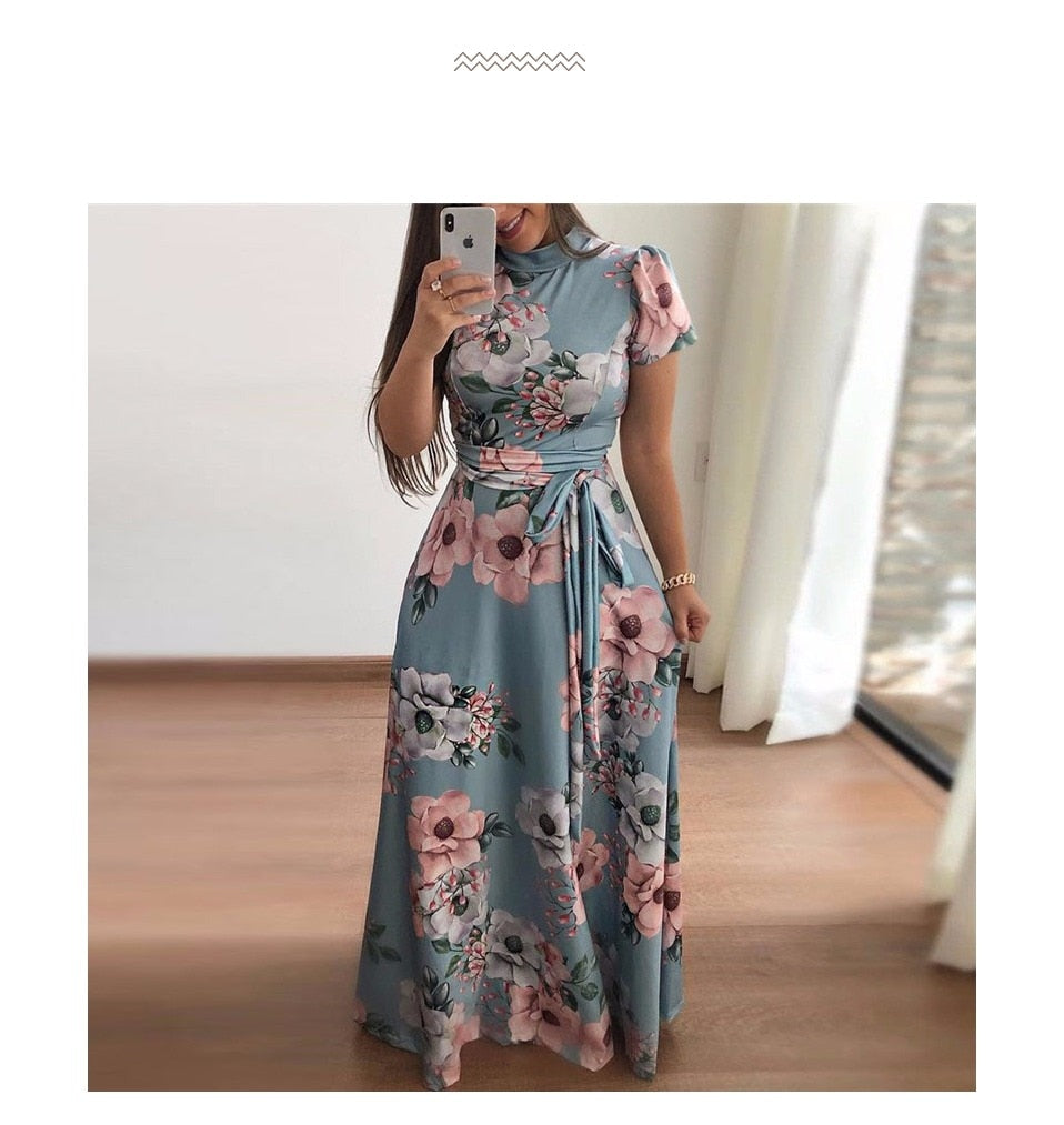 Casual Long Sleeve Boho Floral Print Maxi Dress Turtleneck Bandage Elegant