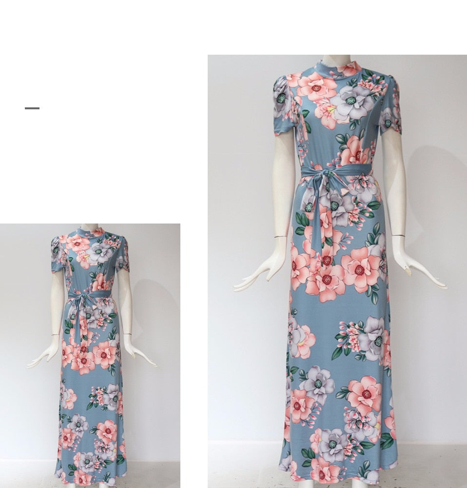 Casual Long Sleeve Boho Floral Print Maxi Dress Turtleneck Bandage Elegant