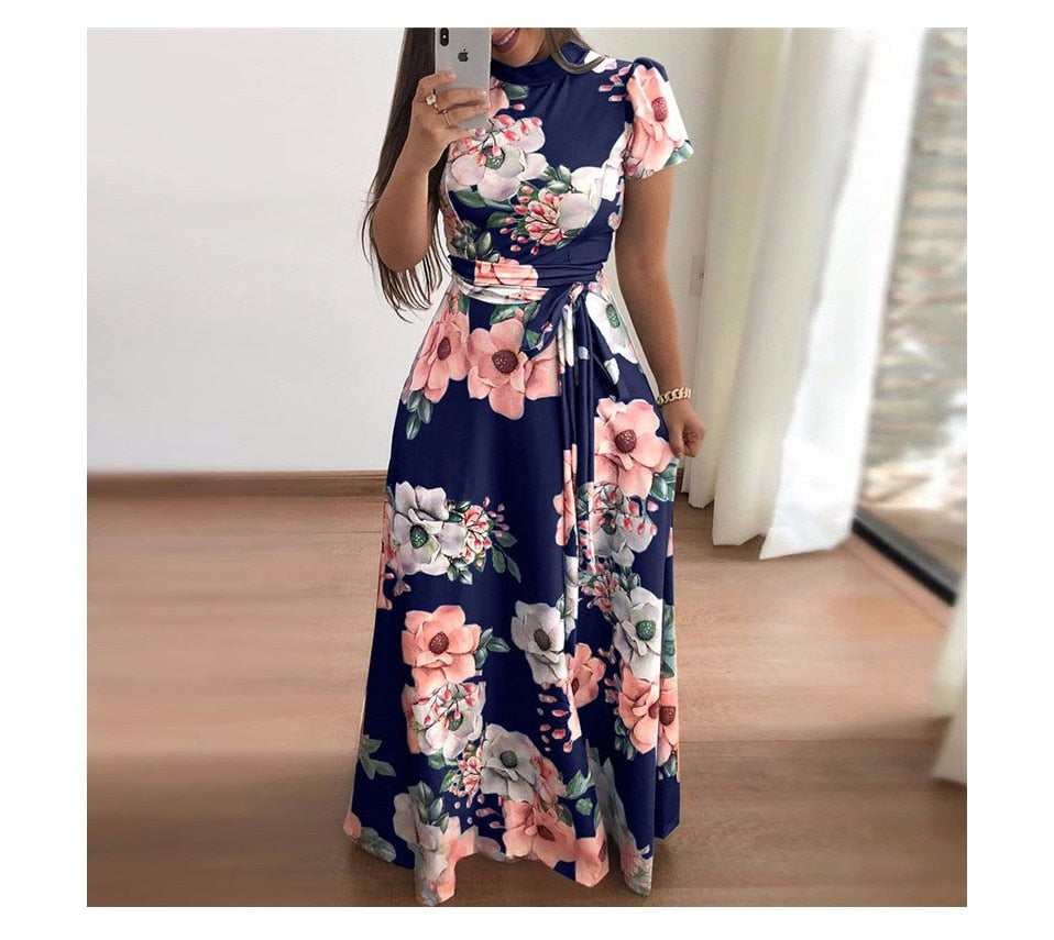 Casual Long Sleeve Boho Floral Print Maxi Dress Turtleneck Bandage Elegant