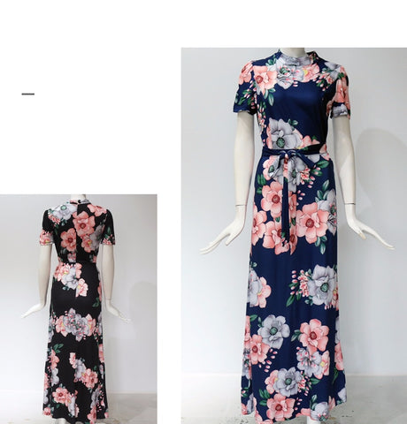 Casual Long Sleeve Boho Floral Print Maxi Dress Turtleneck Bandage Elegant