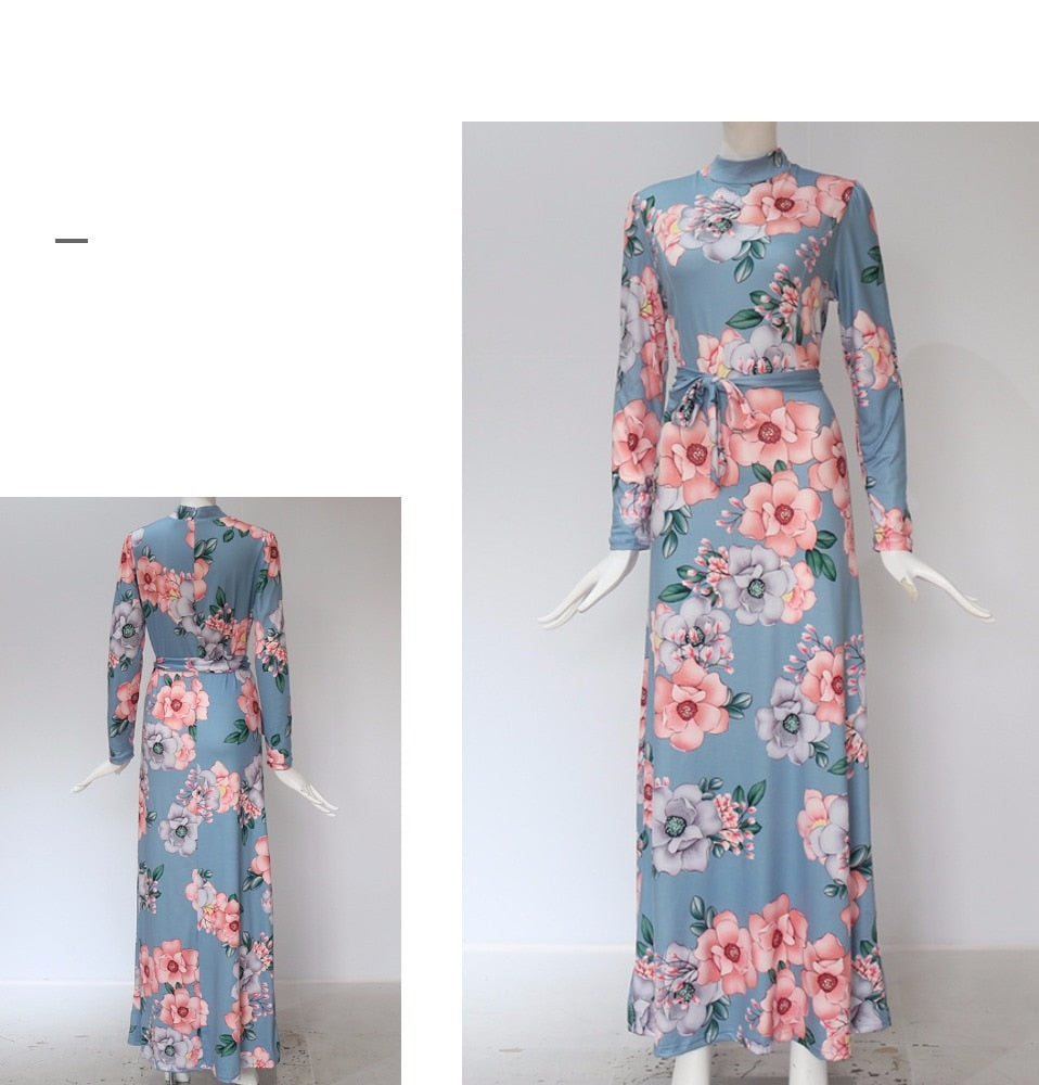 Casual Long Sleeve Boho Floral Print Maxi Dress Turtleneck Bandage Elegant