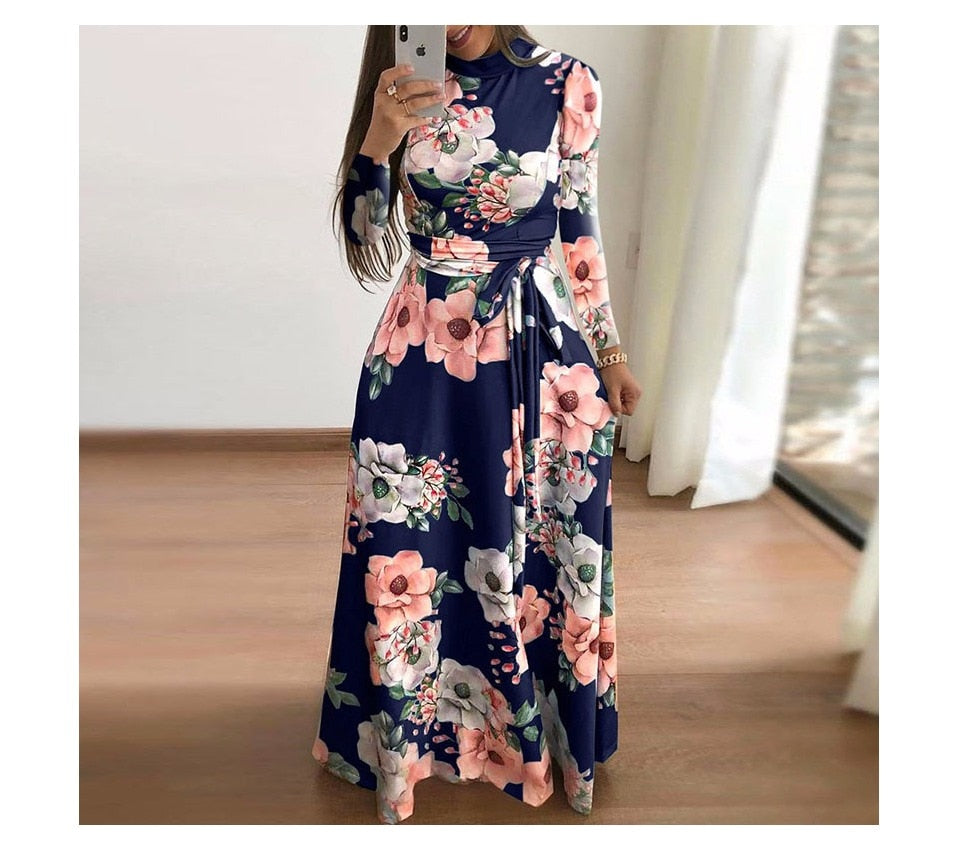 Casual Long Sleeve Boho Floral Print Maxi Dress Turtleneck Bandage Elegant