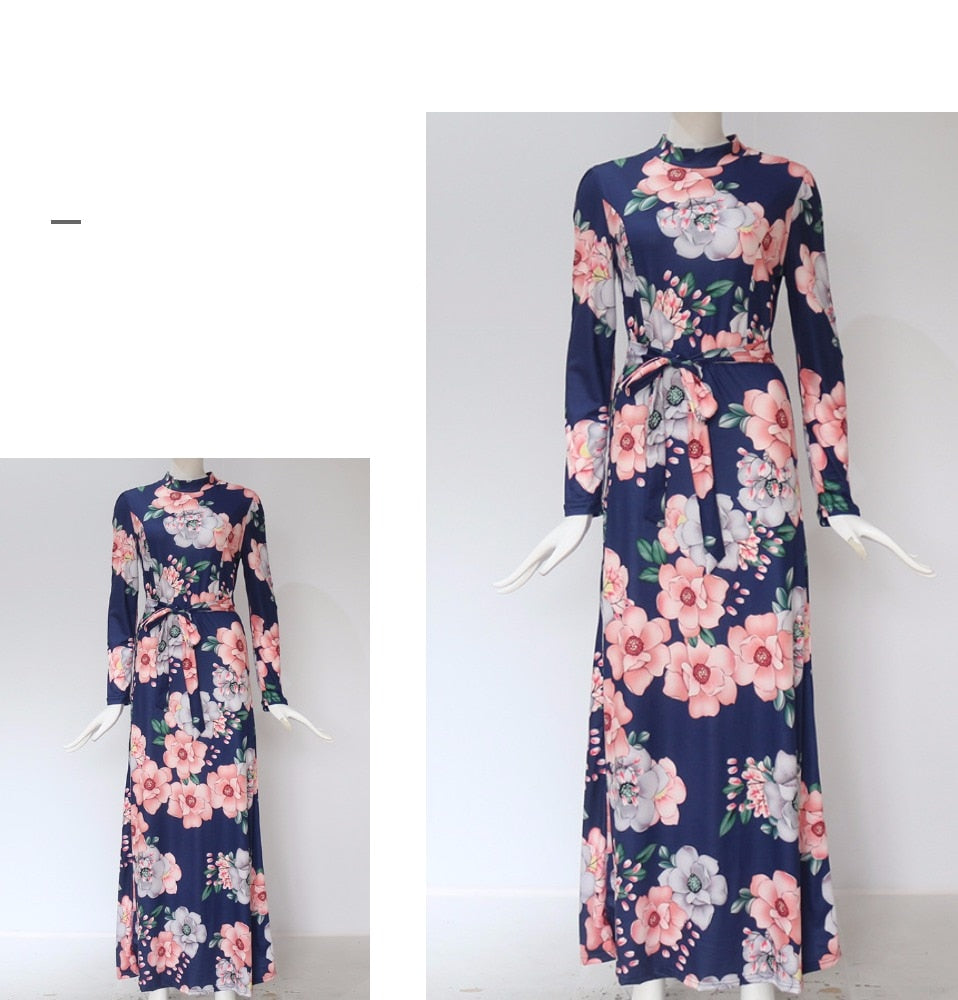 Casual Long Sleeve Boho Floral Print Maxi Dress Turtleneck Bandage Elegant