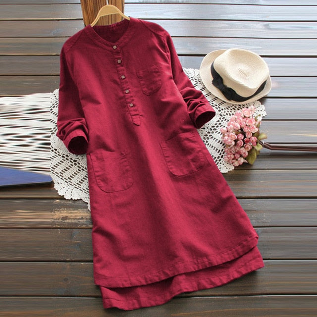 Simple Cotton Pockets Tunic Shirt Dress