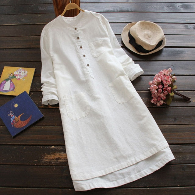 Simple Cotton Pockets Tunic Shirt Dress