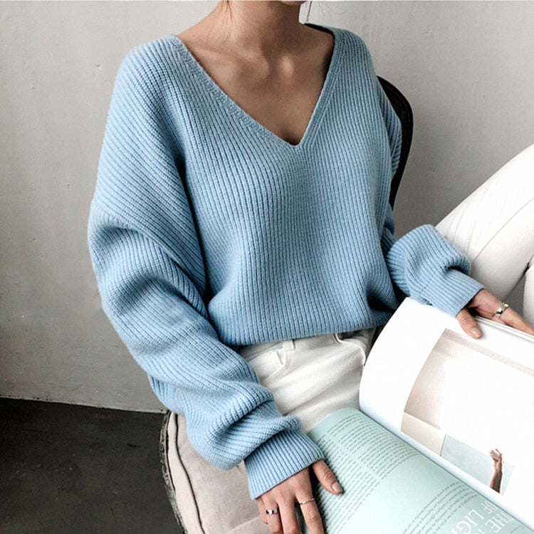 V-Neck Minimalist Tops Fashionable Style Knitting Casual Solid Sweater