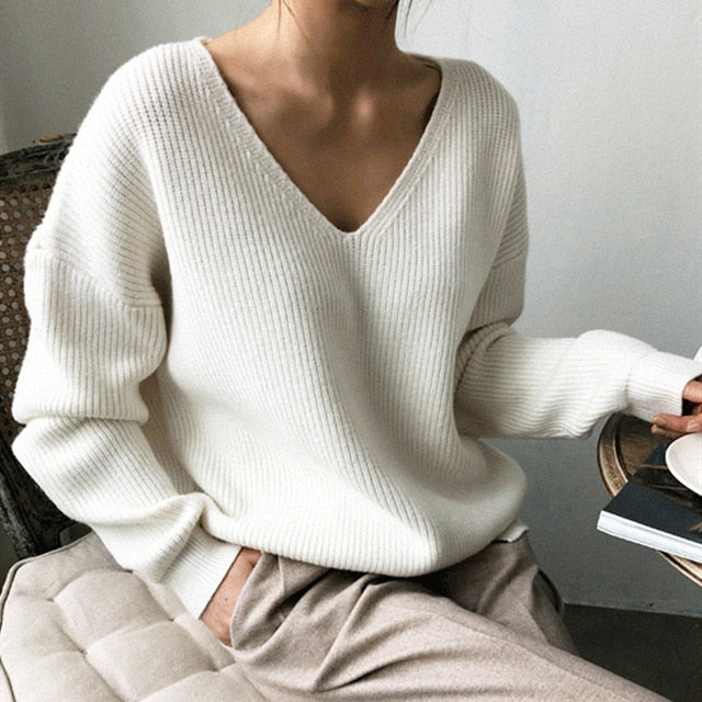 V-Neck Minimalist Tops Fashionable Style Knitting Casual Solid Sweater