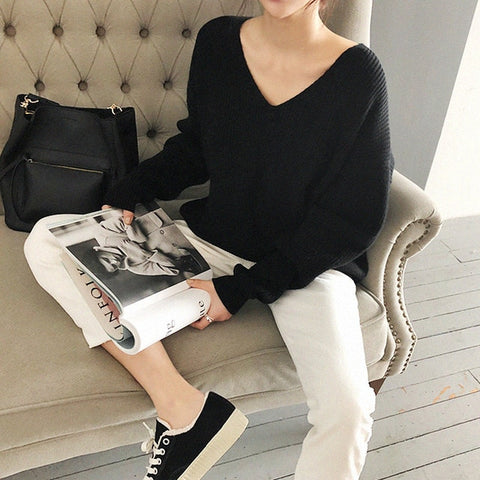 V-Neck Minimalist Tops Fashionable Style Knitting Casual Solid Sweater