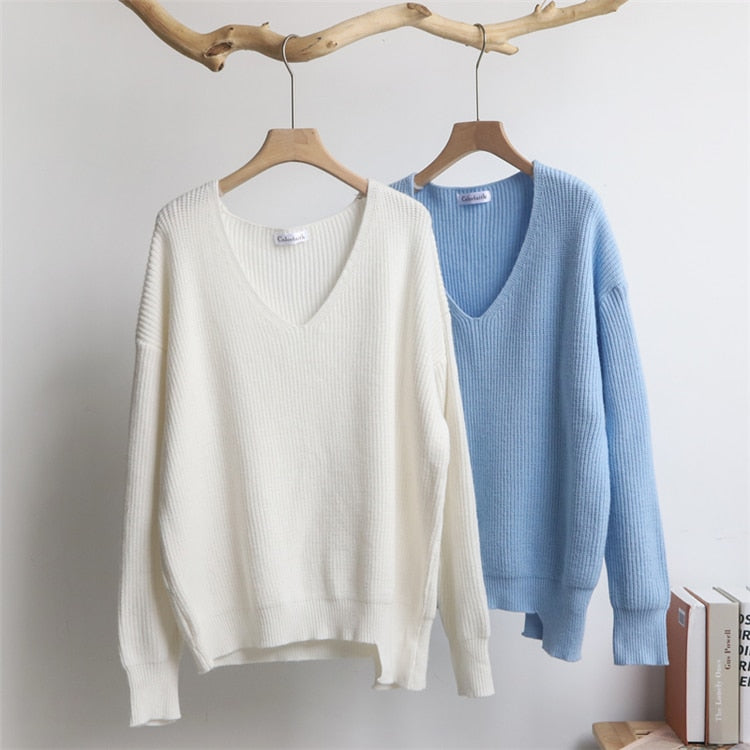 V-Neck Minimalist Tops Fashionable Style Knitting Casual Solid Sweater